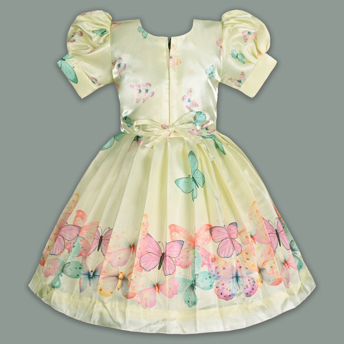 Elegant Kids Butterfly Party Dress – Satin Fabric | Puff Sleeves | Floral Applique Occasion Wear