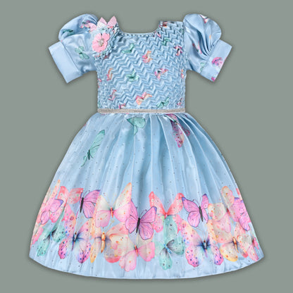 Elegant Kids Butterfly Party Dress – Satin Fabric | Puff Sleeves | Floral Applique Occasion Wear