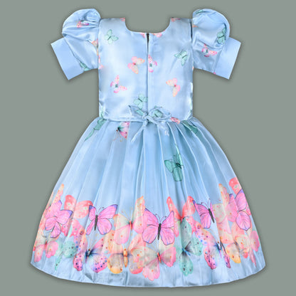 Elegant Kids Butterfly Party Dress – Satin Fabric | Puff Sleeves | Floral Applique Occasion Wear