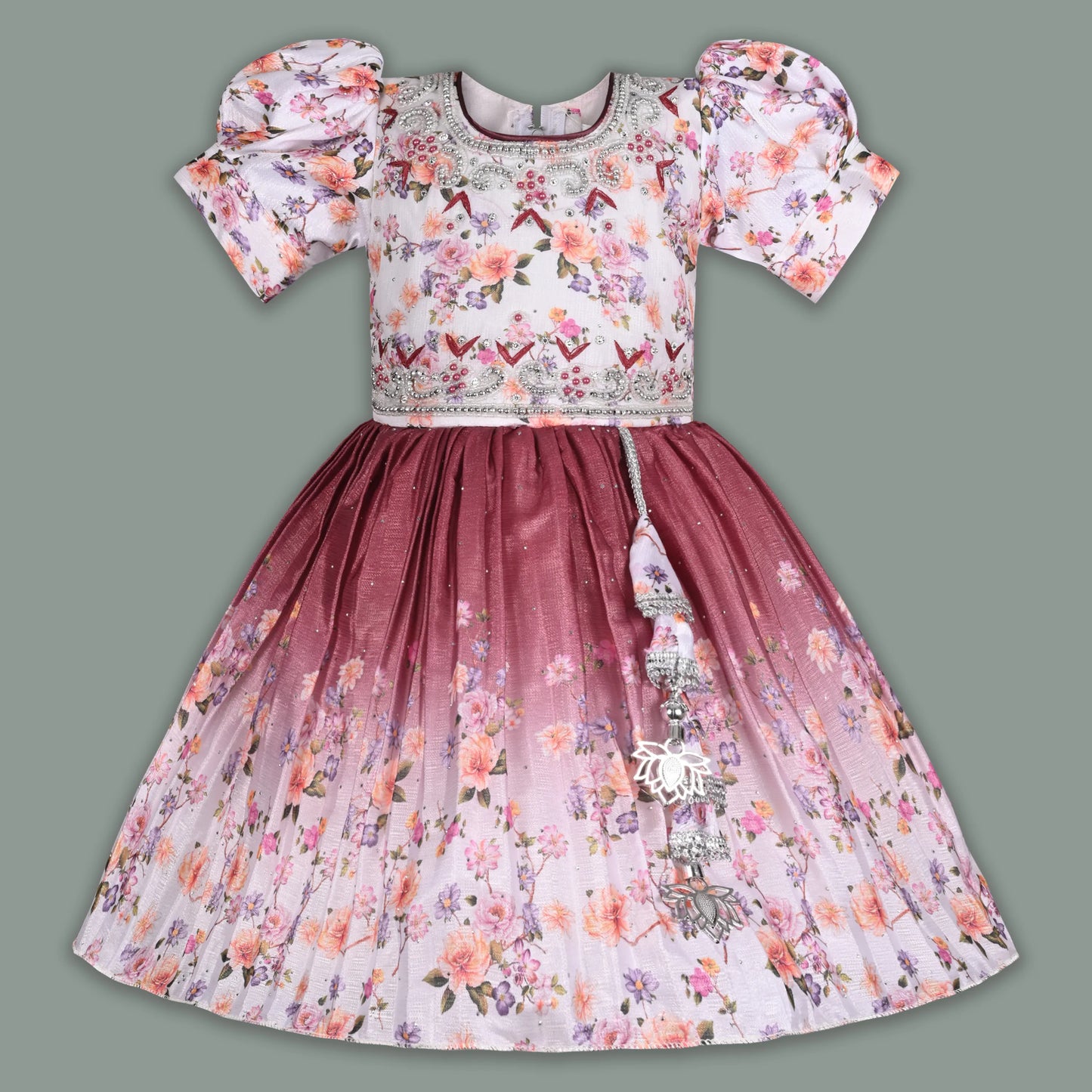 Elegant Kids Floral Party Dress – Art Silk Fabric | Embroidered Bodice | Puff Sleeves Occasion Wear