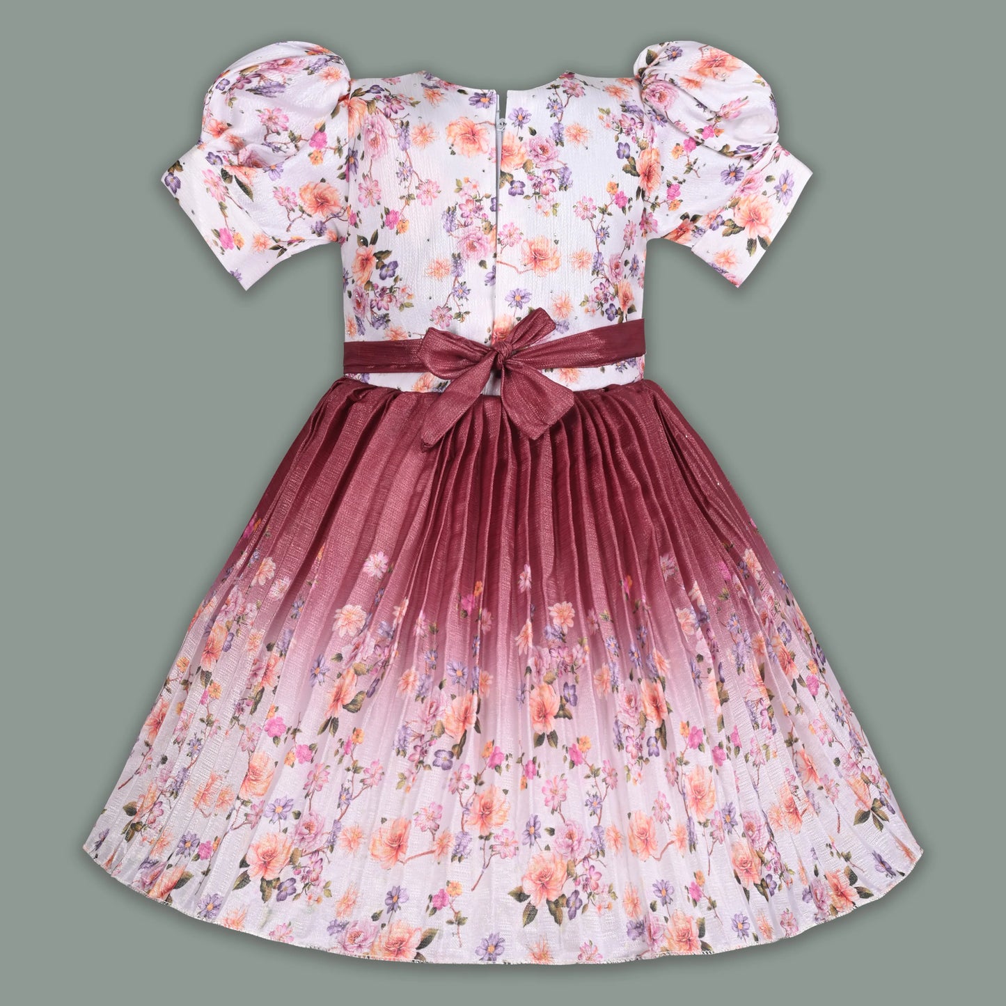 Elegant Kids Floral Party Dress – Art Silk Fabric | Embroidered Bodice | Puff Sleeves Occasion Wear