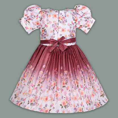 Elegant Kids Floral Party Dress – Art Silk Fabric | Embroidered Bodice | Puff Sleeves Occasion Wear