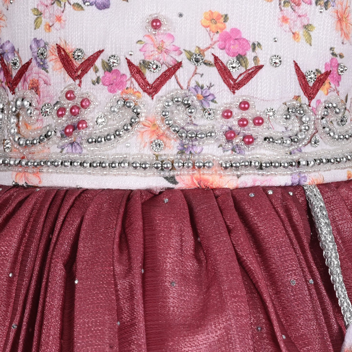 Elegant Kids Floral Party Dress – Art Silk Fabric | Embroidered Bodice | Puff Sleeves Occasion Wear