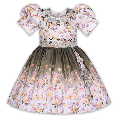 Elegant Kids Floral Party Dress – Art Silk Fabric | Embroidered Bodice | Puff Sleeves Occasion Wear