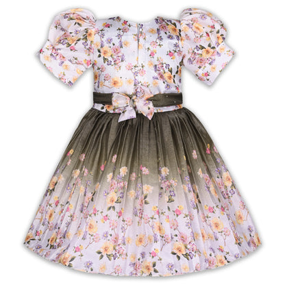 Elegant Kids Floral Party Dress – Art Silk Fabric | Embroidered Bodice | Puff Sleeves Occasion Wear