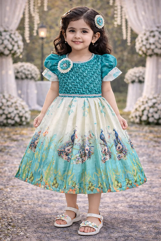Elegant Kids Peacock Party Dress – Satin Fabric | Puff Sleeves | Designer Occasion Wear