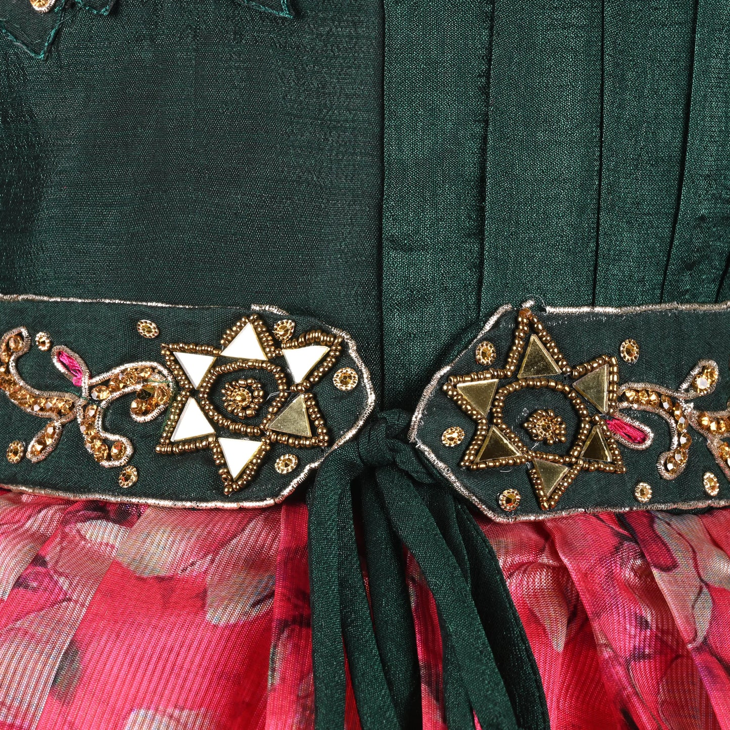 Girls Art Silk Party Dress with Embroidery & Floral Skirt | Ethnic Kids Festive Wear