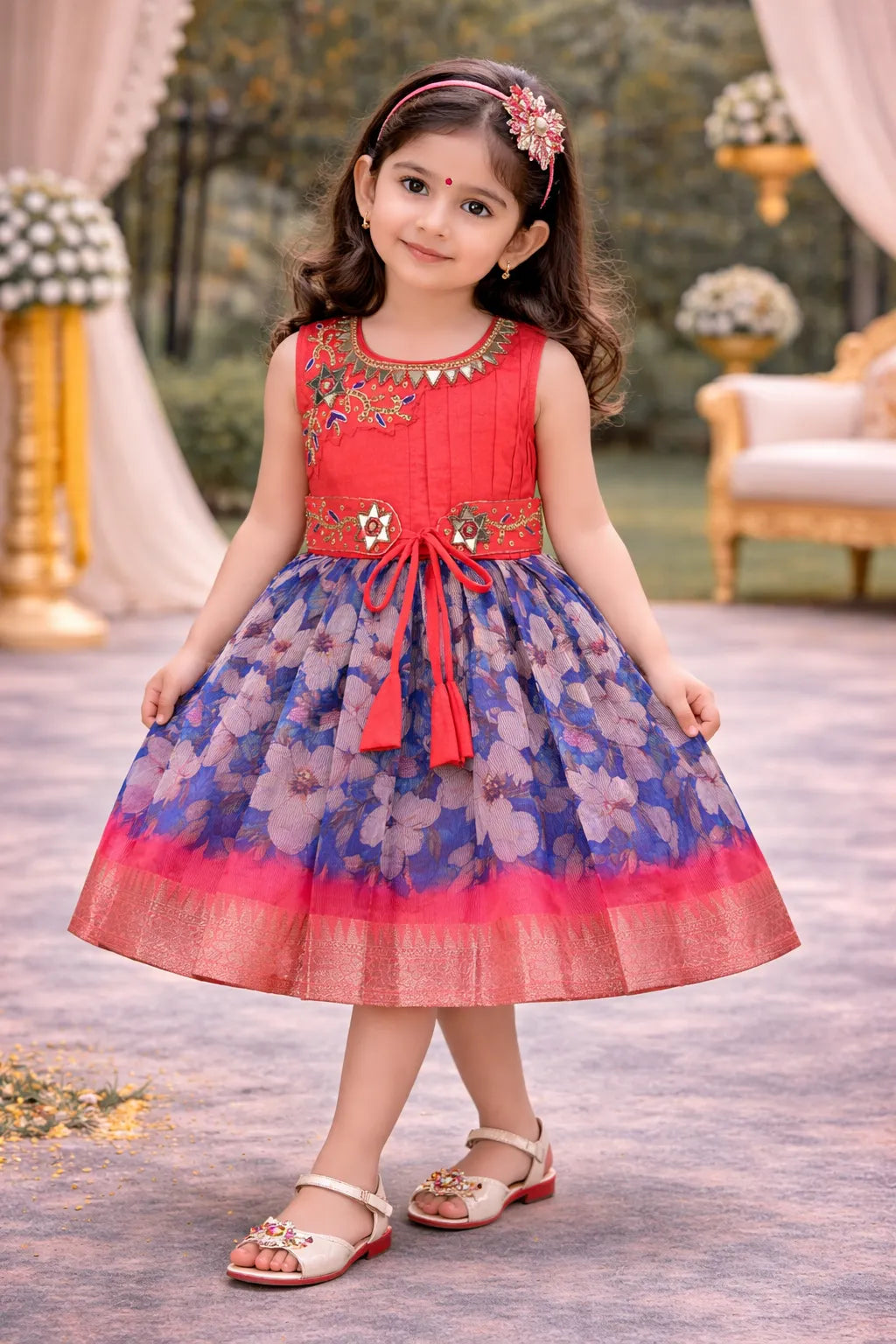 Girls Art Silk Party Dress with Embroidery & Floral Skirt | Ethnic Kids Festive Wear