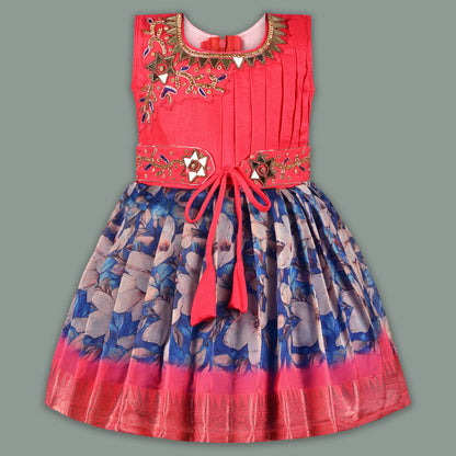 Girls Art Silk Party Dress with Embroidery & Floral Skirt | Ethnic Kids Festive Wear