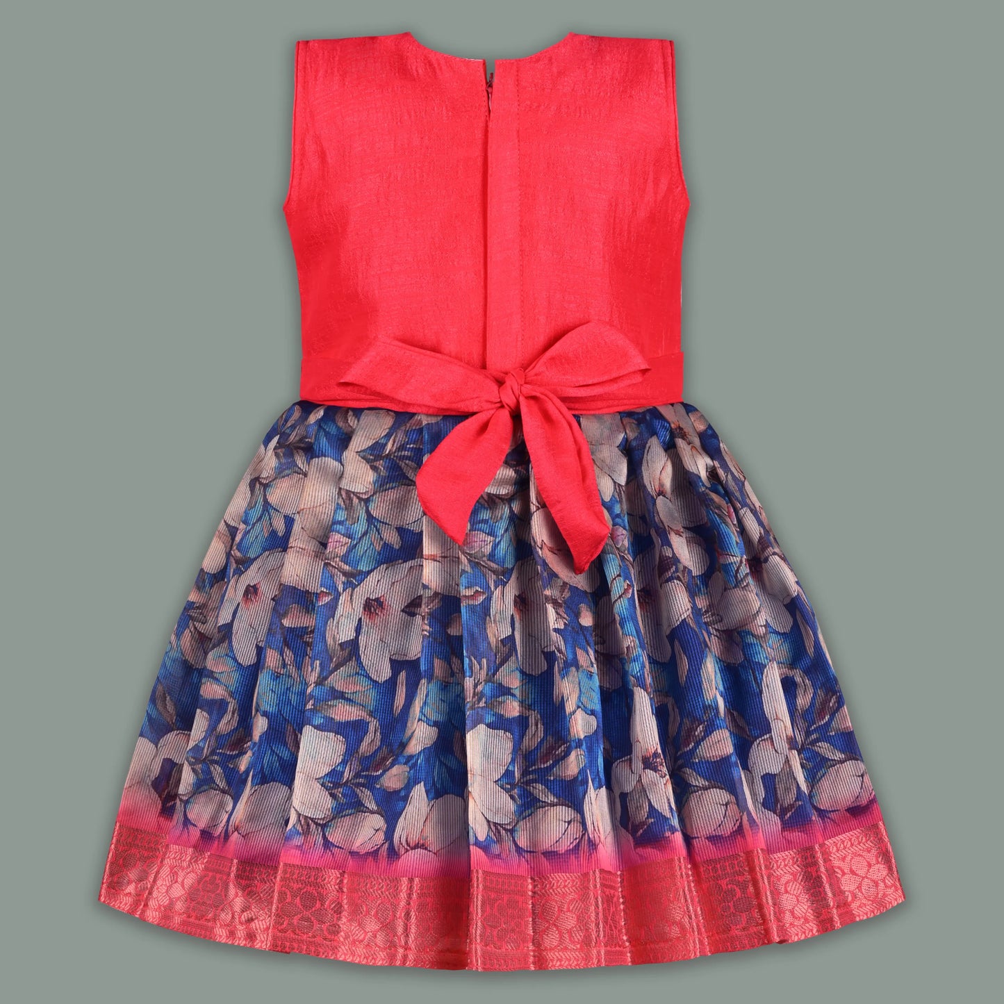 Girls Art Silk Party Dress with Embroidery & Floral Skirt | Ethnic Kids Festive Wear