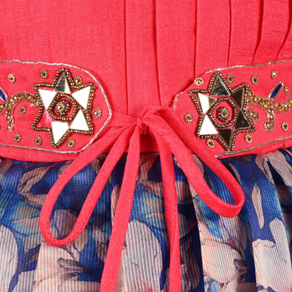 Girls Art Silk Party Dress with Embroidery & Floral Skirt | Ethnic Kids Festive Wear