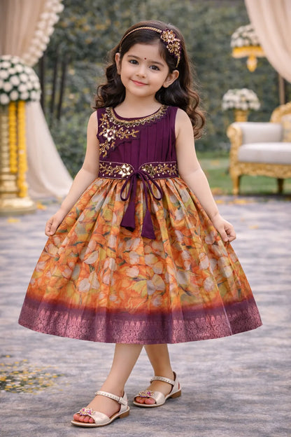 Girls Art Silk Party Dress with Embroidery & Floral Skirt | Ethnic Kids Festive Wear