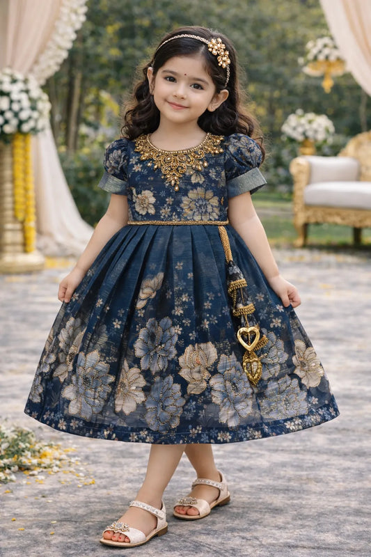 Girls Satin Floral Party Dress with Embroidery and Tassel
