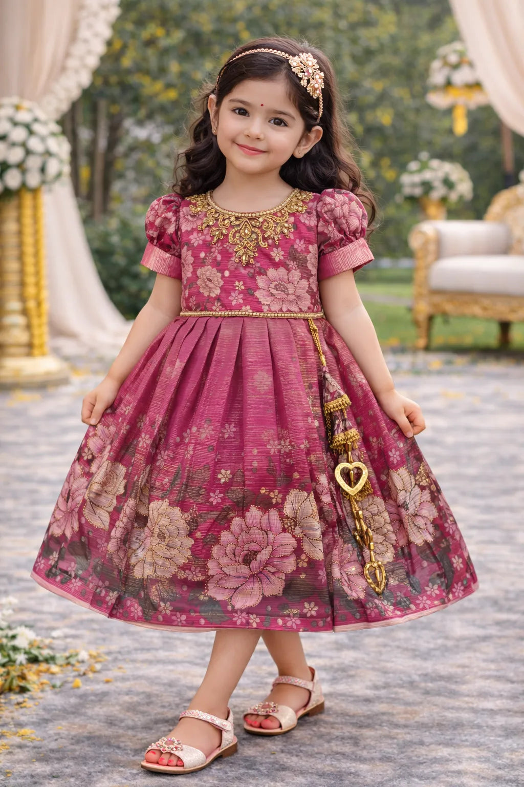 Girls Satin Floral Party Dress with Embroidery & Tassel Detail | Premium Kids Festive Wear