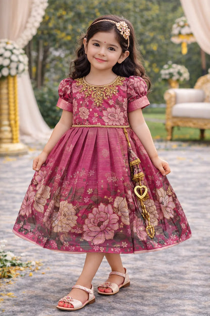Girls Satin Floral Party Dress with Embroidery & Tassel Detail | Premium Kids Festive Wear