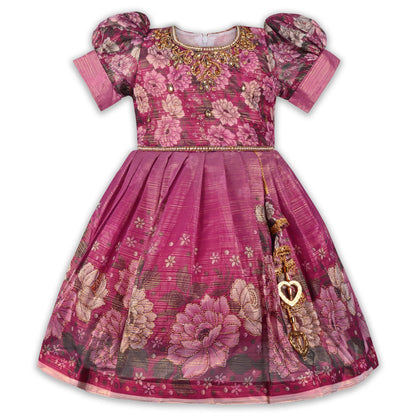 Girls Satin Floral Party Dress with Embroidery & Tassel Detail | Premium Kids Festive Wear