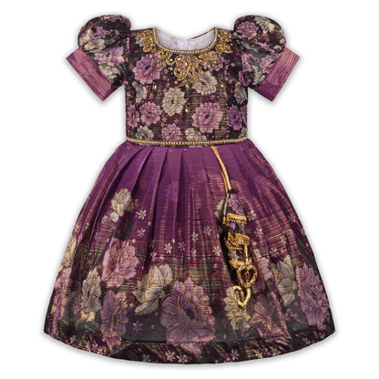 Girls Satin Floral Party Dress with Embroidery & Tassel Detail | Premium Kids Festive Wear
