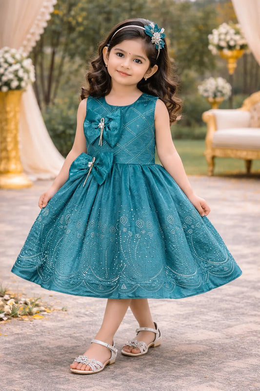 Girls Satin Party Dress with Bow Detail and Embellished Design