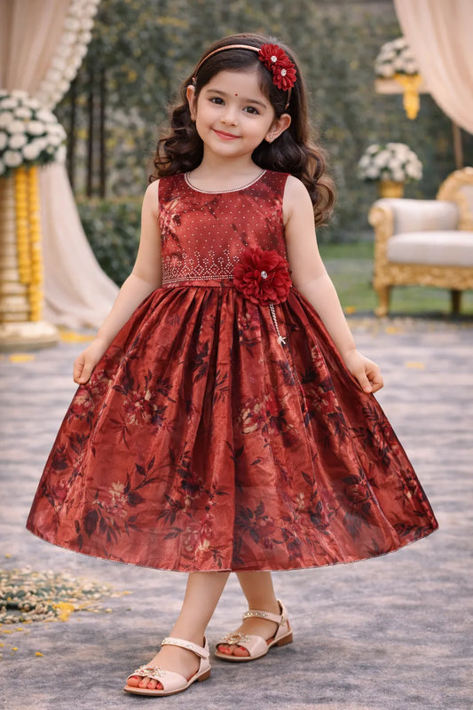 Girls Satin Floral Party Dress with 3D Flower Detail