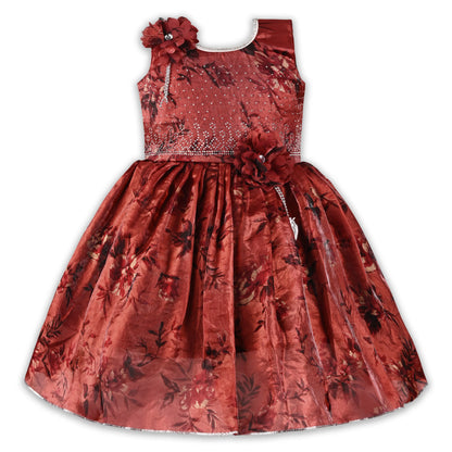 Girls Satin Floral Party Dress with 3D Flower Detail | Premium Kids Festive Wear