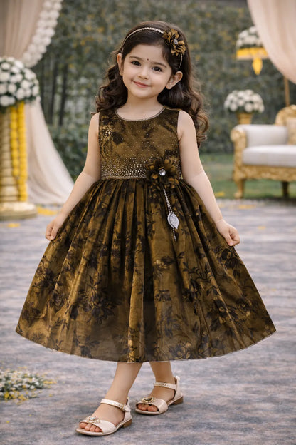 Girls Satin Floral Party Dress with 3D Flower Detail | Premium Kids Festive Wear