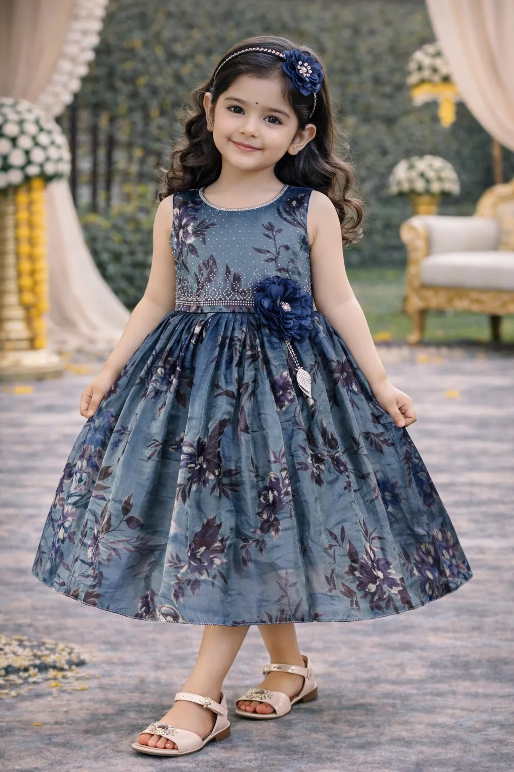 Girls Satin Floral Party Dress with 3D Flower Detail | Premium Kids Festive Wear