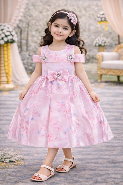 Girls Pink Satin Party Dress with Cold Shoulder & Floral Appliqué | Premium Kids Occasion Wear