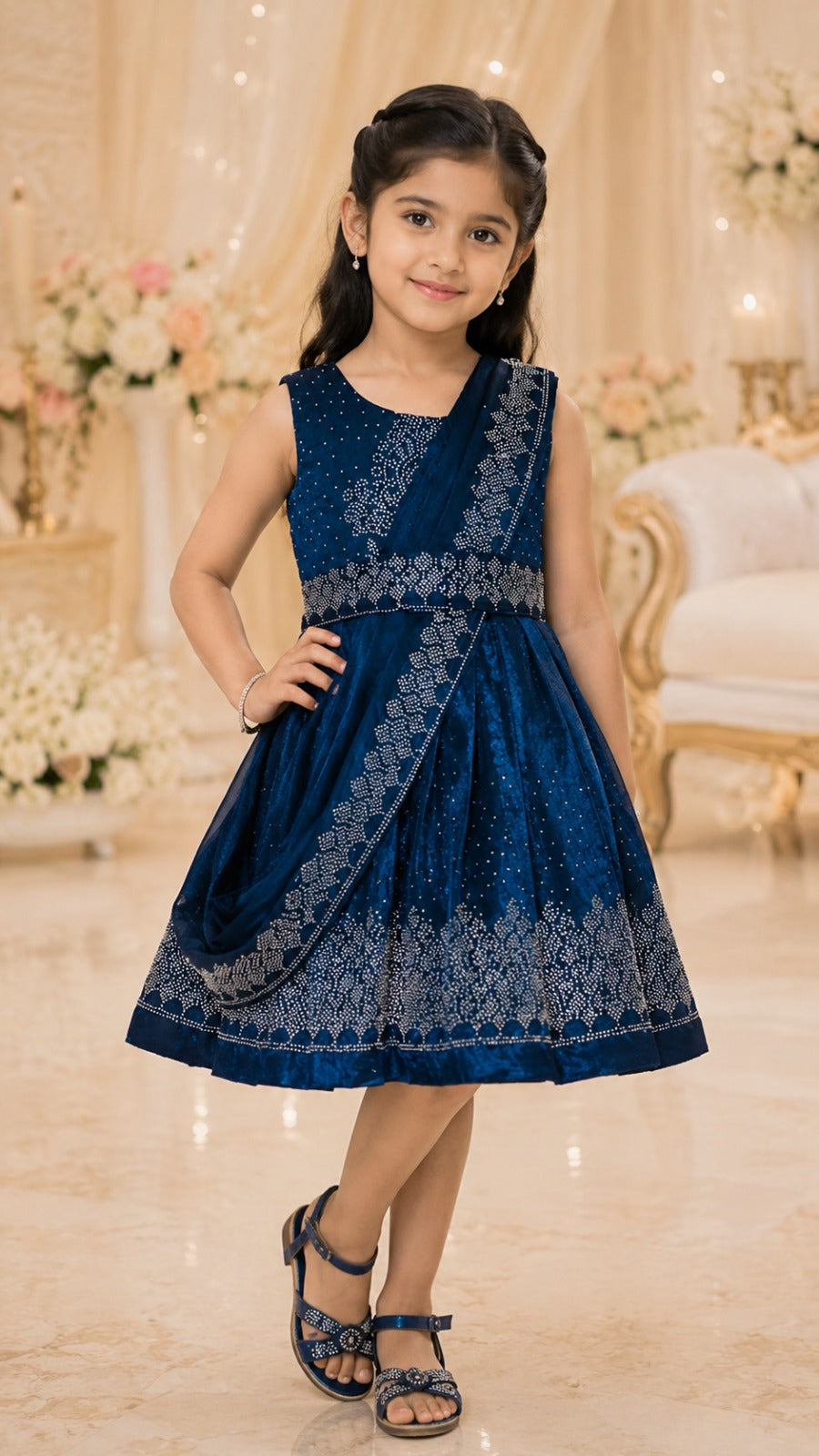 Girls Korean Satin Ethnic Party Wear Dress with Drape Detail