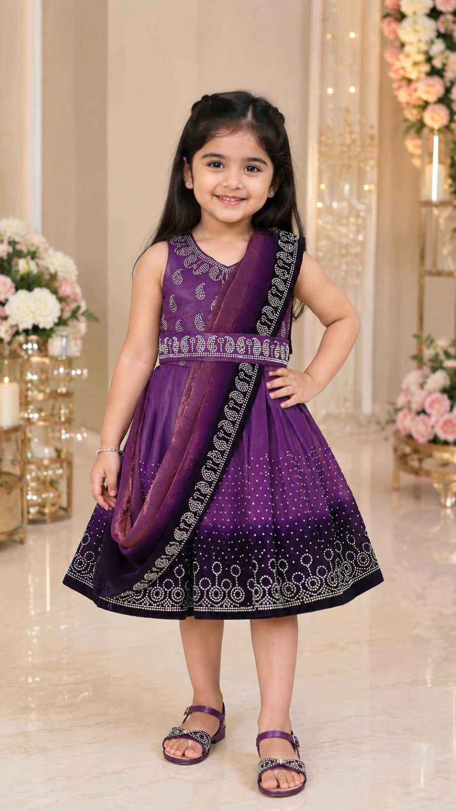 Girls Korean Satin Ethnic Party Wear Dress with Drape Detail