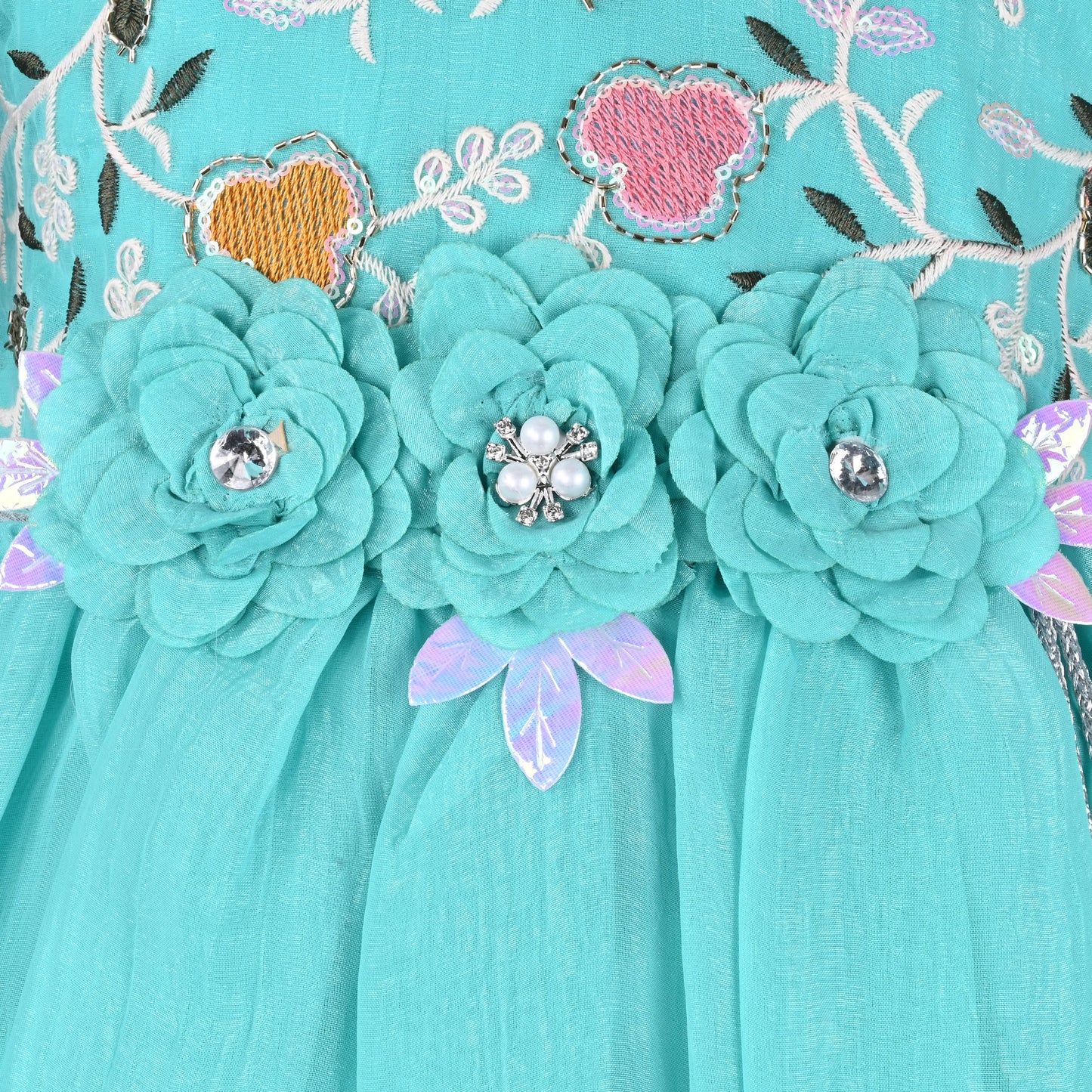 Girls Chiffon Party Dress with Embroidery & Floral Waist Detail | Elegant Kids Festive Wear