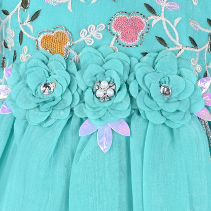 Girls Chiffon Party Dress with Embroidery & Floral Waist Detail | Elegant Kids Festive Wear