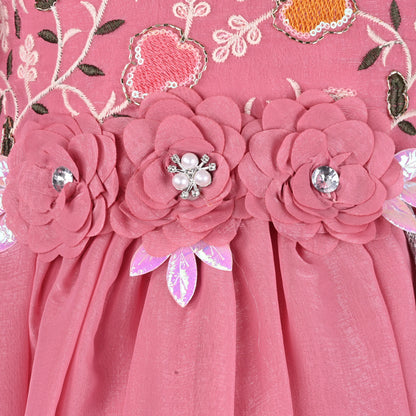 Girls Chiffon Party Dress with Embroidery & Floral Waist Detail | Elegant Kids Festive Wear