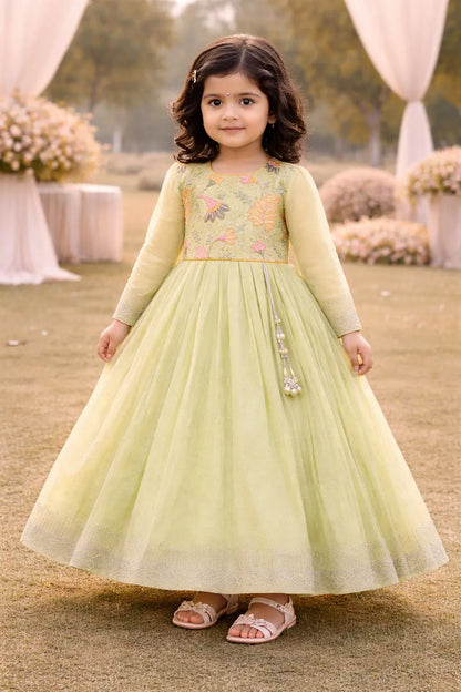 Girls Chiffon Embroidered Gown with Full Sleeves & Tassel Detail | Elegant Kids Party Wear
