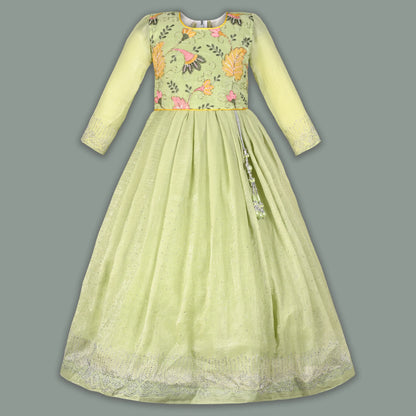Girls Chiffon Embroidered Gown with Full Sleeves & Tassel Detail | Elegant Kids Party Wear