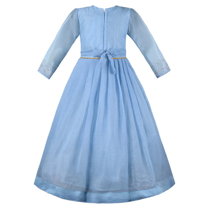 Girls Chiffon Embroidered Gown with Full Sleeves & Tassel Detail | Elegant Kids Party Wear