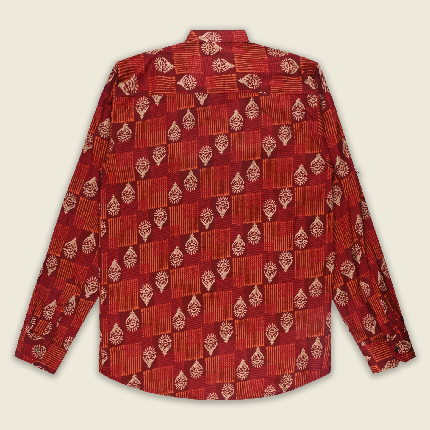Men’s Printed Cotton Kurta Shirt – Ethnic Block Pattern, Full Sleeves