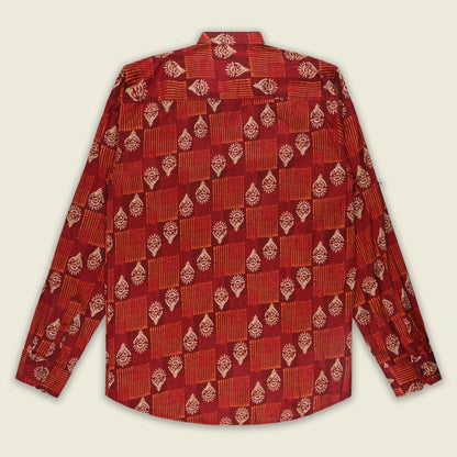 Men’s Printed Cotton Kurta Shirt – Ethnic Block Pattern, Full Sleeves