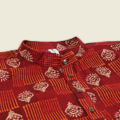 Men’s Printed Cotton Kurta Shirt – Ethnic Block Pattern, Full Sleeves
