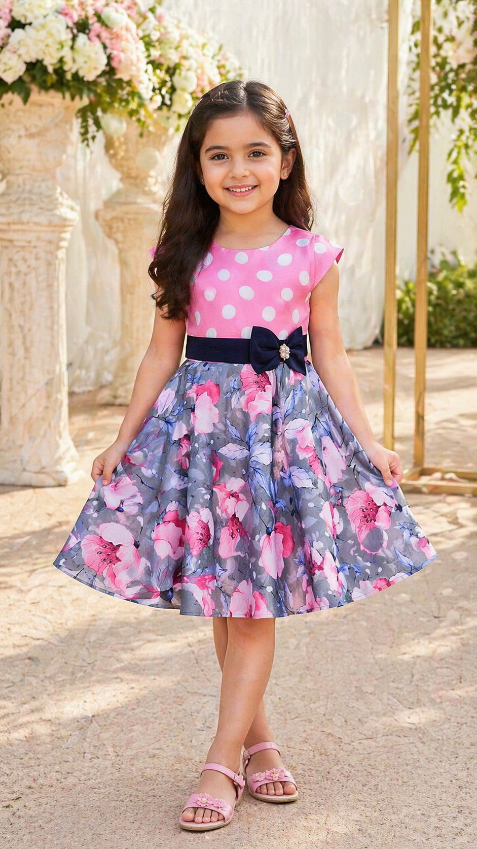Girls Floral Printed A-line Summer Dress with Polka Dots