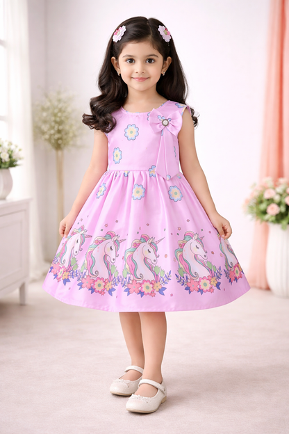 Girls Printed Satin Party Frock with Bow Detail