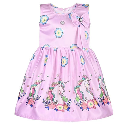 Girls Printed Satin Party Frock with Bow Detail