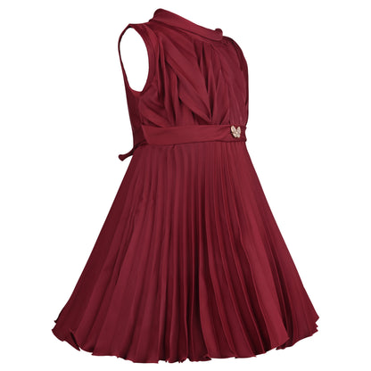 Girls Maroon Pleated A-Line Frock Dress