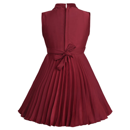 Girls Maroon Pleated A-Line Frock Dress