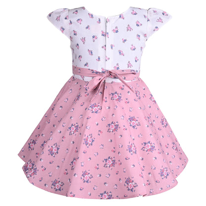 Girls Floral Print Frill Bow Casual Dress
