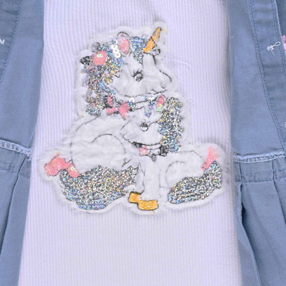 Girls Denim Pleated Casual Top with Floral Detail