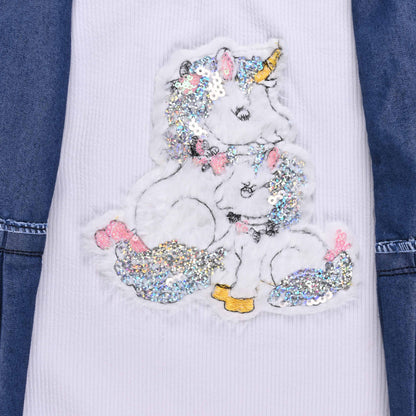 Girls Denim Pleated Casual Top with Floral Detail